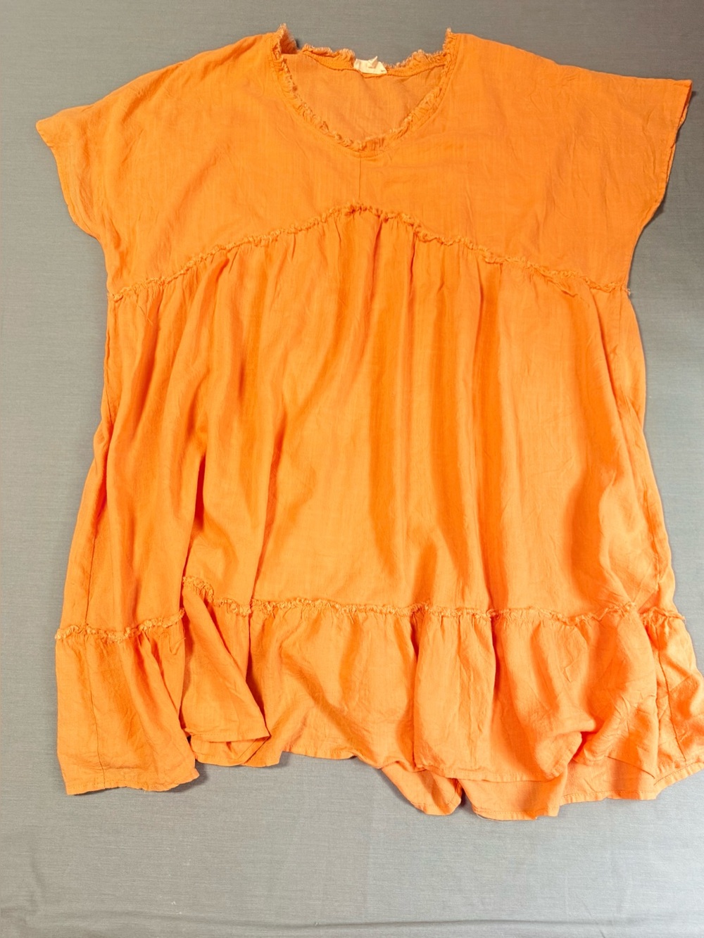 Umgee Orange Frayed Hem V-Neck Tiered Babydoll Tunic Dress Size Large